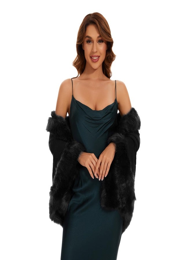 FlyGulls Women's Black Faux Fur Shawl Bridal Wrap for Evening and Wedding Dresses - Luxury Cape for Winter Parties (Black) - Image 3